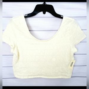 AEROPOSTALE Cropped Shirt, Cream, Horizontal Stripe Design